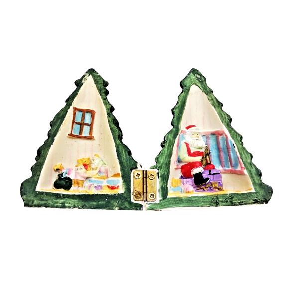 Christmas Tree Santa and Elf Diorama Hinged House Open 3D Vintage Sitter Decor - Picture 7 of 7